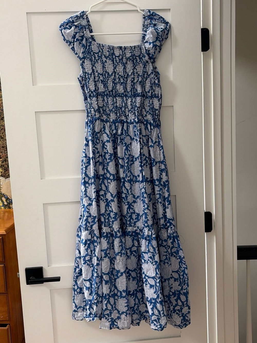 Blue and White Floral Smocked Maxi Dress